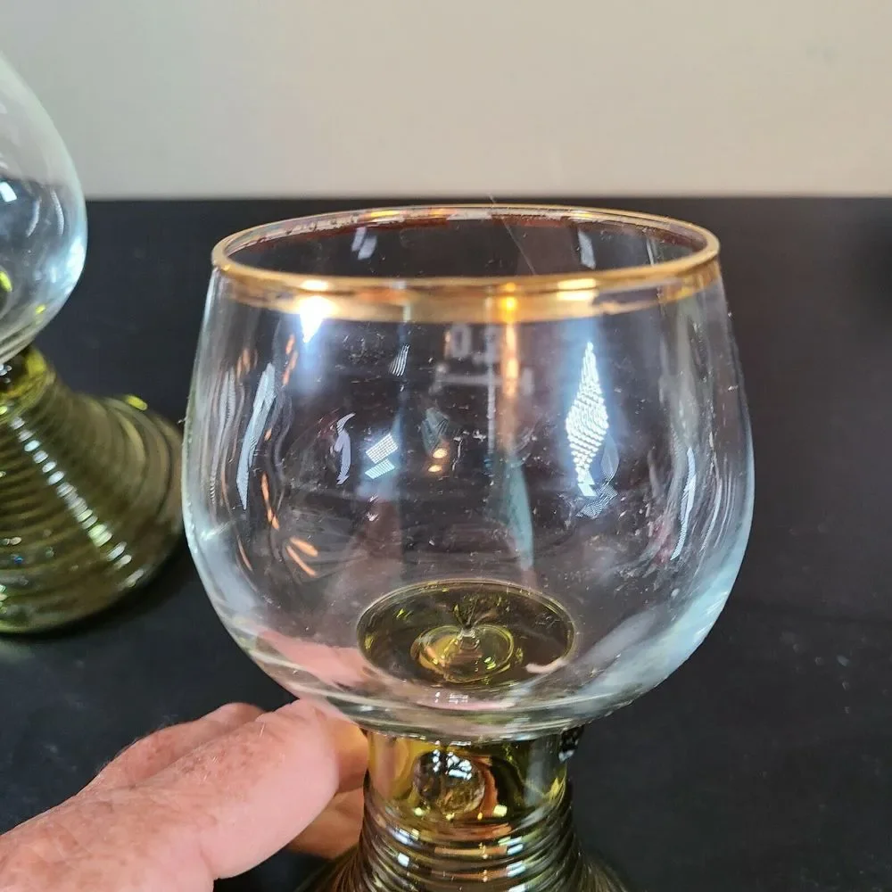 Bohemian Style Glass Goblets Handblown Beehive Base Green Gold Trim
